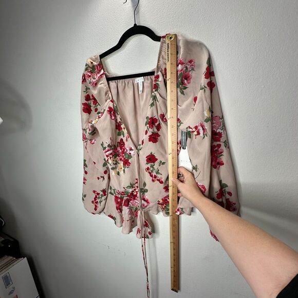 NWT Leith Pink Adobe Taupe Pink Red Floral Print Bell Sleeve Ruffle Wrap Top S - Picture 5 of 14